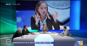 Un'immagine televisiva di Giorgia Meloni, leader di FdI