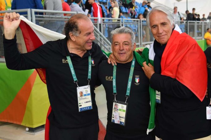 Giovanni Malago (R) President of the Italian National Olympic Committee (CONI), Luciano Rossi (L) President of the Shooting Italian Federation and coach Andrea Benelli (C) after the Skeet Women's final of the Rio 2016 Olympic Games Shooting events at the Olympic Shooting Centre in Rio de Janeiro, Brazil, 12 August 2016. ANSA/ETTORE FERRARI